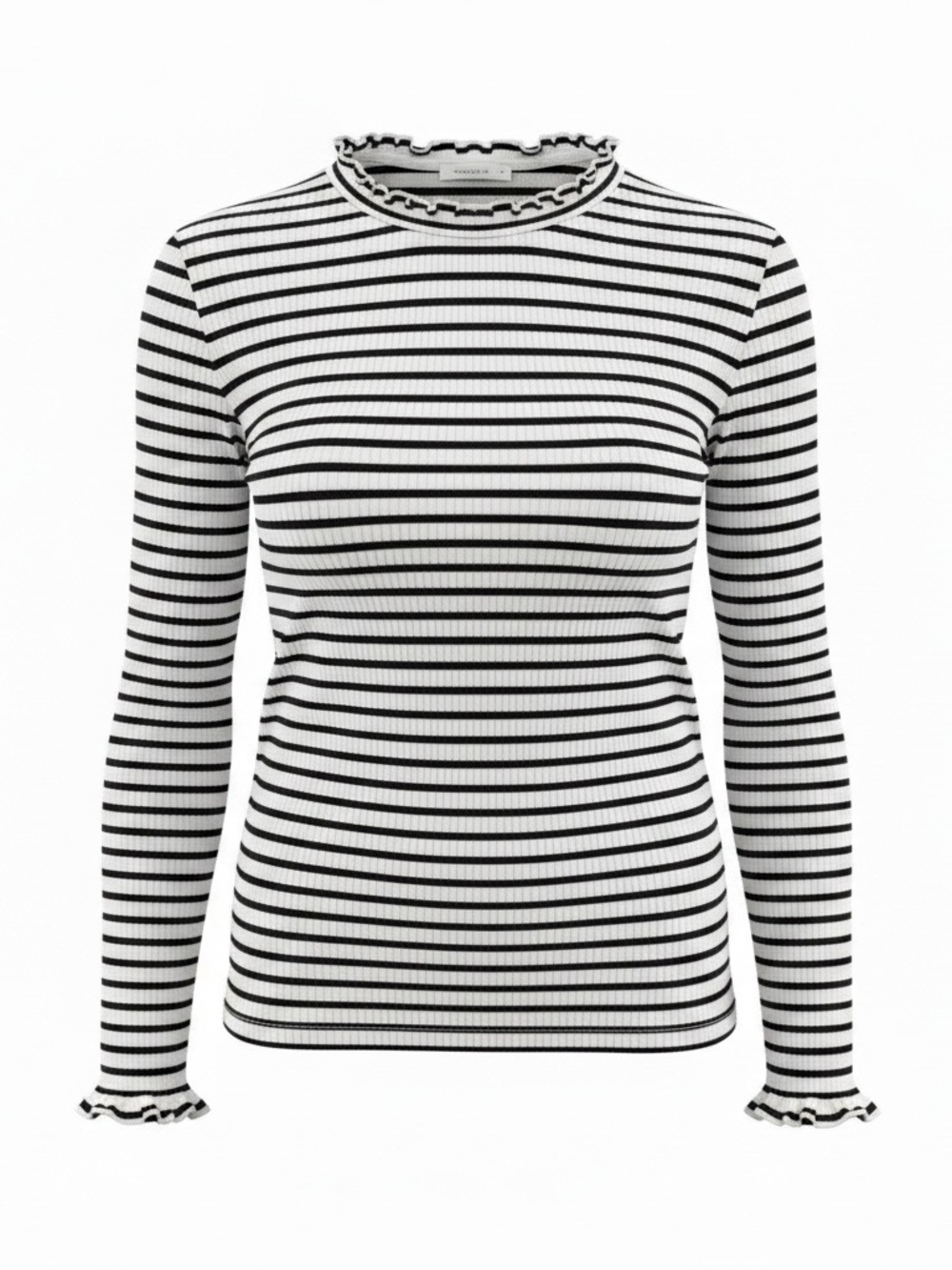 Croft & Barrow 3X Black White Striped Ribbed Ruffle Neck Long Sleeve Top